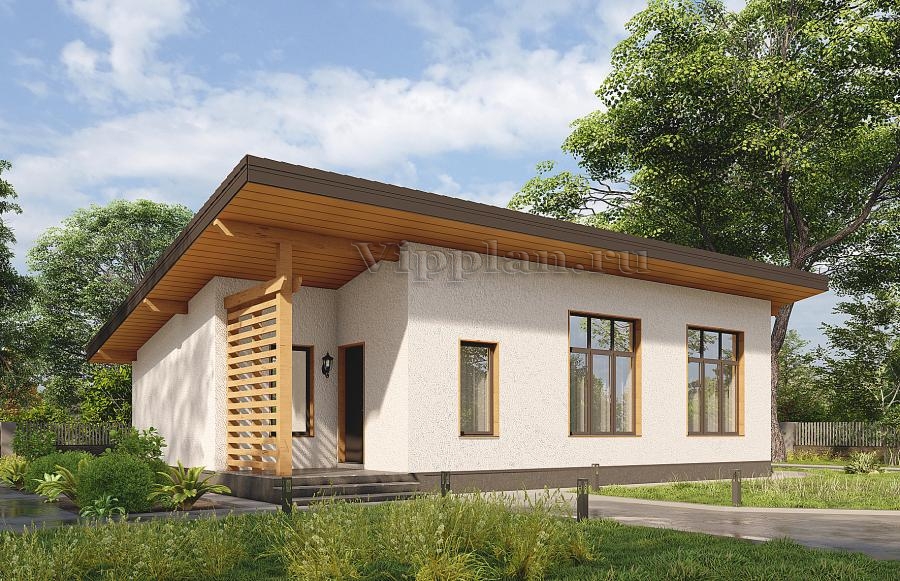 Одноэтажный дом с двумя спальнями, парилкой и односкатной крышей.
